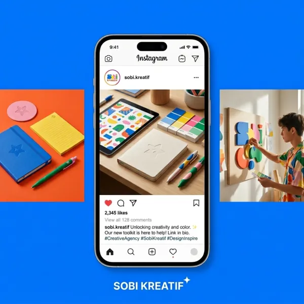 Create a square Instagram mockup for any brand with a pure brand color background. The central element is a vertical smartphone screen showing a realistic Instagram post with profile picture (brand logo), username (brand name), post text, likes, comments, and bookmark icon. On the left and right are square Instagram post images that reflect the brand’s lifestyle, colors, and aesthetic—products, scenes, or thematic visuals consistent with the brand identity—without UI elements. Include enough padding on the sides to ensure the side images are fully visible. All posts use the brand’s colors and accents. The style is clean, modern, professional, and Instagram-feed-ready, fully showcasing the uploaded brand identity.
