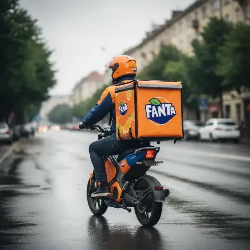 A delivery person, shown in a medium-long shot, is riding an electric two-wheeled scooter or motorcycle and facing slightly away from the viewer. They are carrying a large insulated delivery backpack or box, with the brand logo on the front and a promotional design on the side. The vehicle and the helmet are painted in the brand colors to match the backpack. The setting is an urban street with blurred buildings and trees in the background, soft overcast lighting, and a shallow depth of field. The scene is realistic and neutral, focusing on the delivery person, the electric scooter or motorcycle, and the branded delivery container.