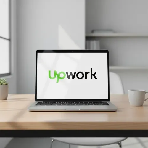 Hyper-realistic laptop on a clean office desk, angled view. Logo or website on screen with sharp details, natural daylight reflections, subtle shadows. Minimal, professional, premium style.