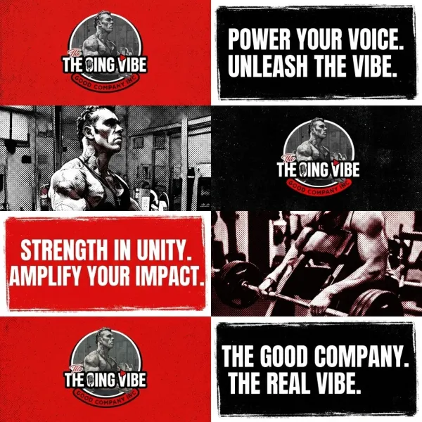Automatically generate a 2-column campaign visual identity grid with:
Logo blocks: primary color background with the logo centered, grunge screen-print texture.
Slogan blocks: catchy tagline automatically generated based on the logo, distressed ink texture.
Photo blocks: high-contrast B&W portraits or action shots, halftone dots, film grain, duotone in brand colors.
Full-bleed, zero spacing, unique blocks, single-font typography, professional, high-impact visual identity layout.