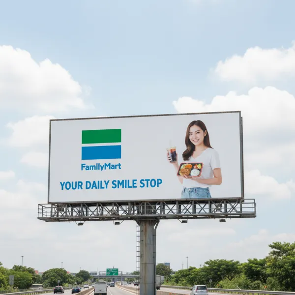 Realistic outdoor billboard mockup under a bright sky with clouds. Display the uploaded logo and a bold slogan using the brand’s primary color. Include a model that fits the brand’s style. Professional, eye-catching, and photorealistic.