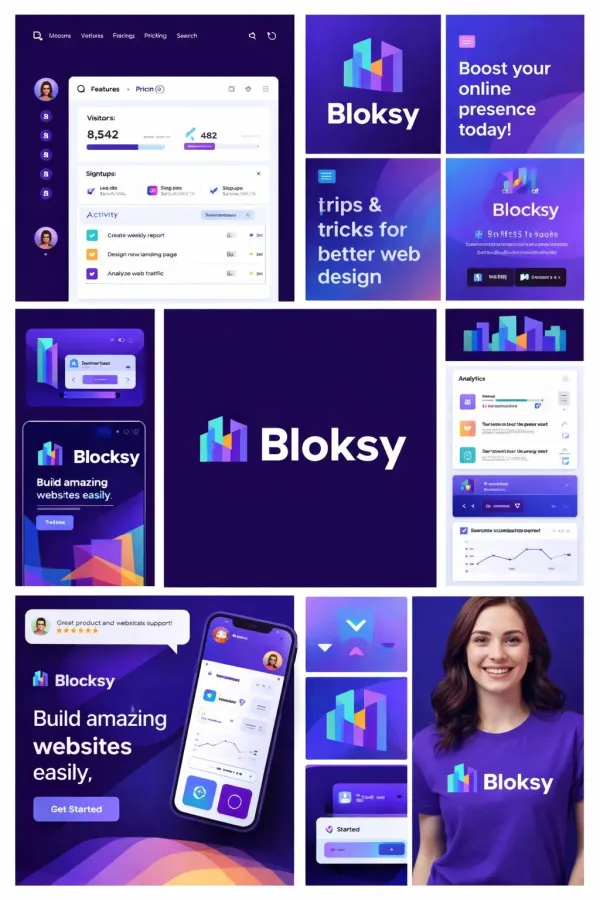 Generate a modern digital brand moodboard from the uploaded logo, displayed in a square grid layout featuring UI elements, social content, and contemporary brand touch points.