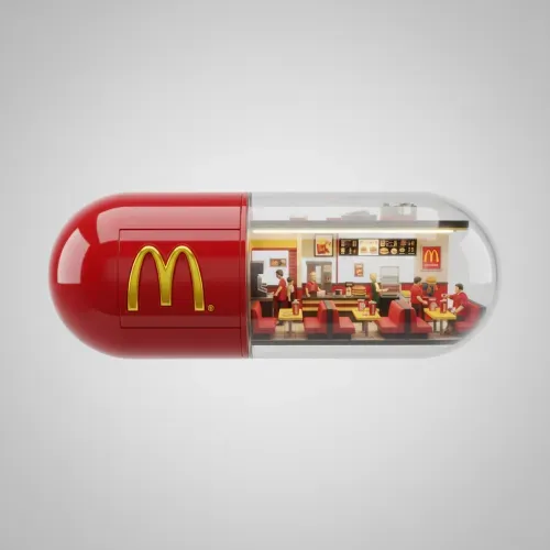 Generate a glossy 3D capsule featuring the uploaded logo. One half is solid in the brand’s colors with the logo stamped on it, the other half is transparent, showing a miniature brand storefront or office scene inside, with tiny furniture or products. Place on a soft neutral surface with diffused lighting for a modern, high-quality look.