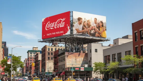 Street-level mockup of a large city billboard featuring the uploaded logo and brand ad design. The billboard is shown above urban buildings under natural daylight, displaying a bright, optimistic scene. One side shows branded text and graphics in the brand’s colors, while the other features a lifestyle photo that complements the brand style. The composition is dynamic, professional, and emphasizes real-world brand visibility.