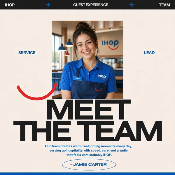 Generate a Meet The Team Post for my brand.
Analyze the uploaded social post for its core design structure (layout, typography, hierarchy, spacing) and extract its visual system.Use the uploaded brand image as identity reference.
Create a new, original post that follows the same design logic but fully adapts all content and messaging to match the brand’s identity, information, and positioning. Keep strong typography, clear hierarchy, and cohesive branding.