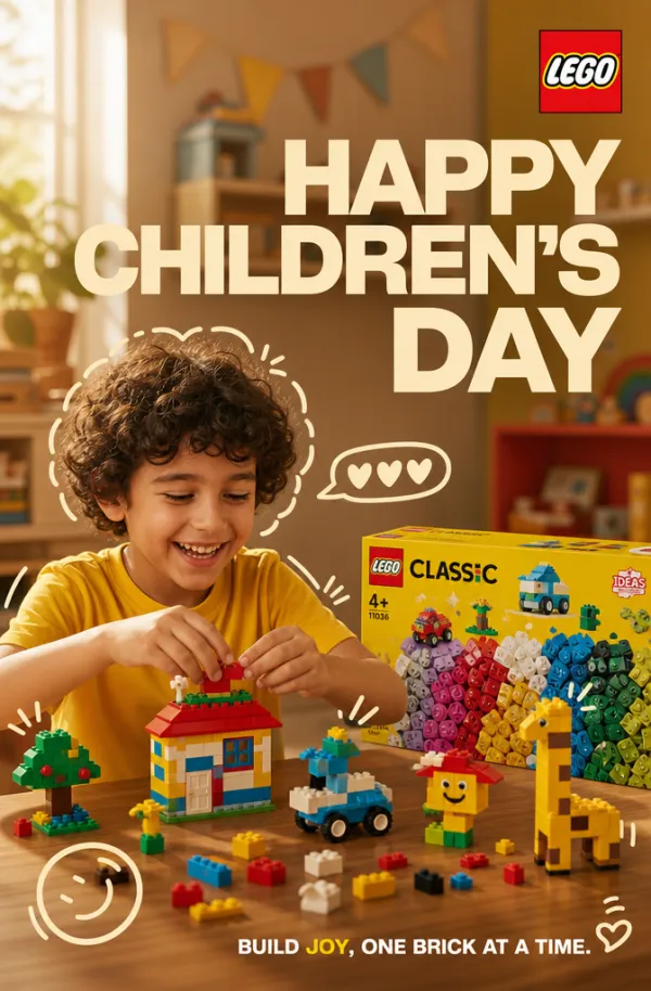 Generate a Children’s Day Poster for my brand.
Analyze the uploaded social post for its core design structure (layout, typography, hierarchy, spacing) and extract its visual system.Use the uploaded brand image as identity reference.
Create a new, original post that follows the same design logic but fully adapts all content and messaging to match the brand’s identity, information, and positioning. Keep strong typography, clear hierarchy, and cohesive branding.
