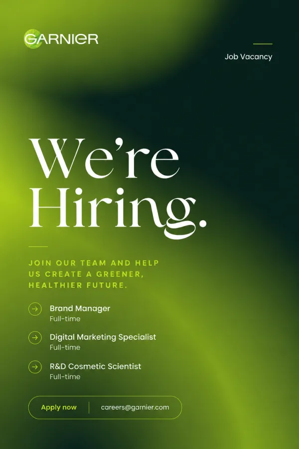 Generate a Gradient Job Vacancy for my brand.
Analyze the uploaded social post for its core design structure (layout, typography, hierarchy, spacing) and extract its visual system.Use the uploaded brand image as identity reference.
Create a new, original post that follows the same design logic but fully adapts all content and messaging to match the brand’s identity, information, and positioning. Keep strong typography, clear hierarchy, and cohesive branding.